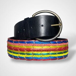 Chico's Wide Belt Women's Size L Colorful Ribbon Striped Black Leather 42-46 in